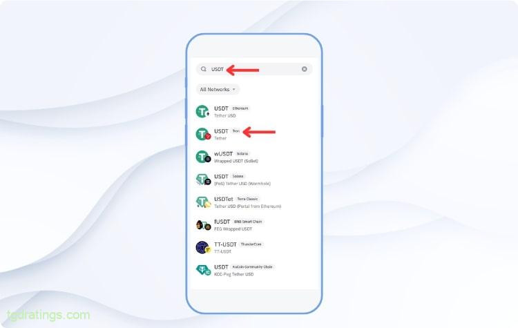Selecting the Tron-based USDT