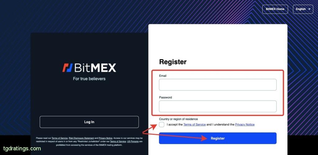 Formularz rejestracyjny Bitmex