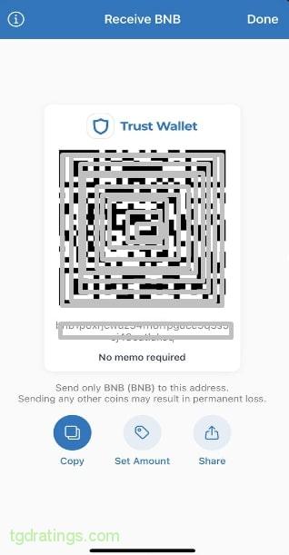 Копирование адреса кошелька BNB в Trust Wallet