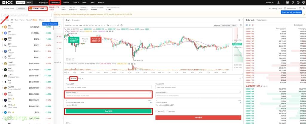 Покупка SHIB на бирже OKX