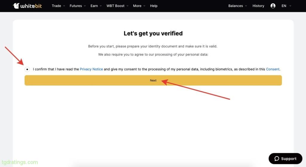 Account verification on WhiteBIT Step 2