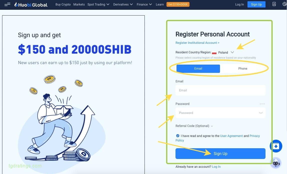 Registering a personal account on the Huobi exchange