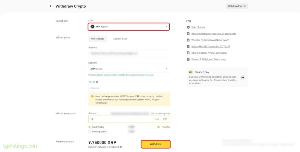 Withdraw cryptocurrency from Binance