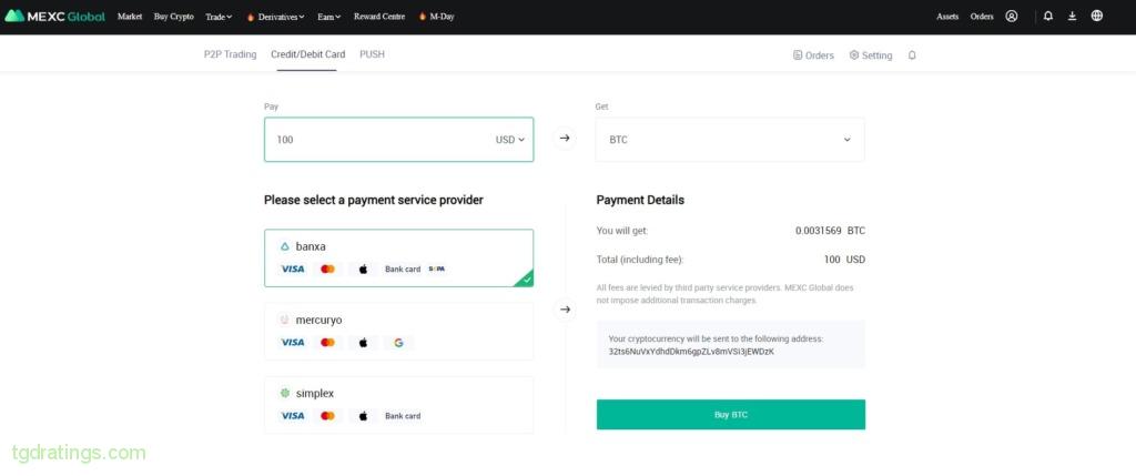 Crypto purchase order creation page