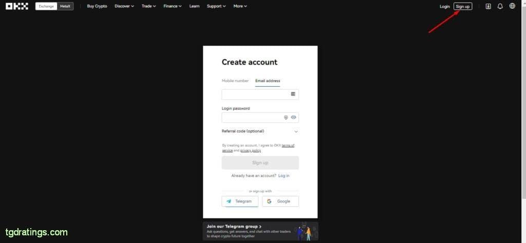 OKX registration form