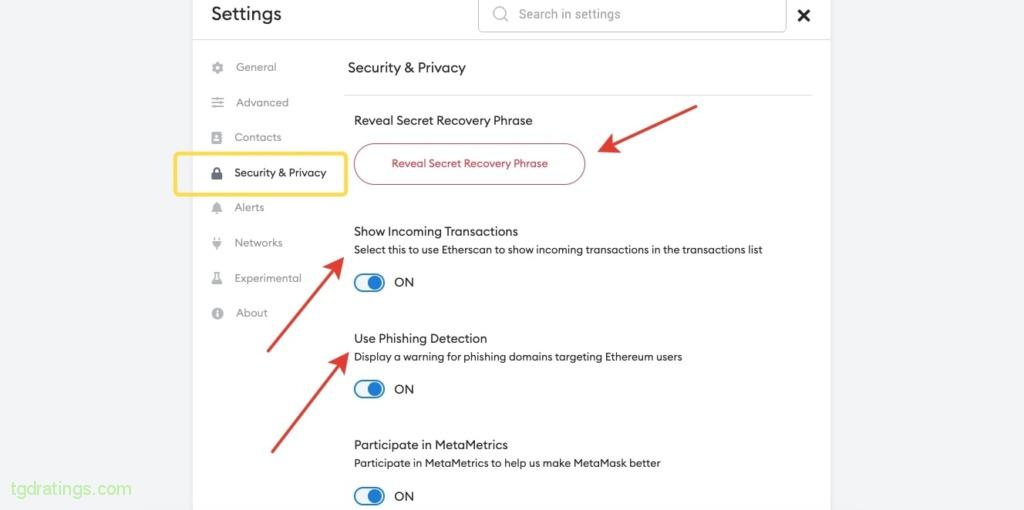 MetaMask security settings