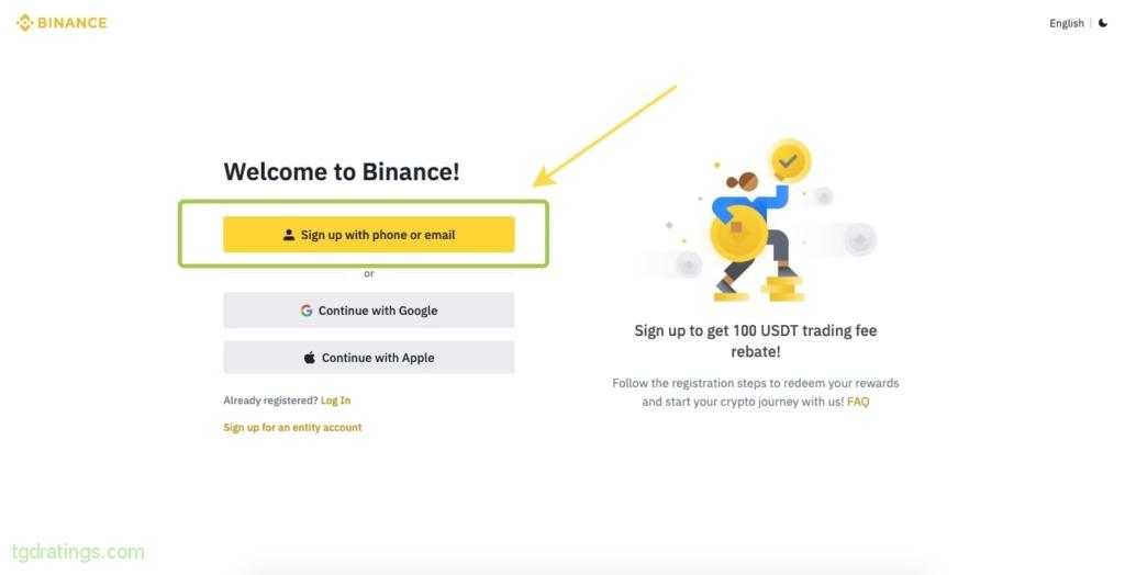 Sign up on Binance by phone or email