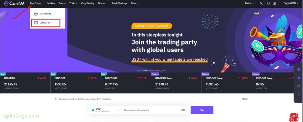 Start purchasing USDT from a card